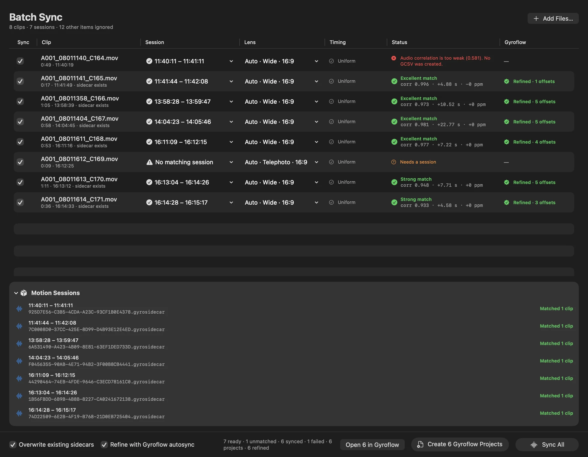 GyroSidecar Sync batch table: eight clips matched to seven motion sessions, six synced with excellent or strong audio correlation and refined Gyroflow projects, one clip without a matching session, and one weak-audio failure with its reason shown